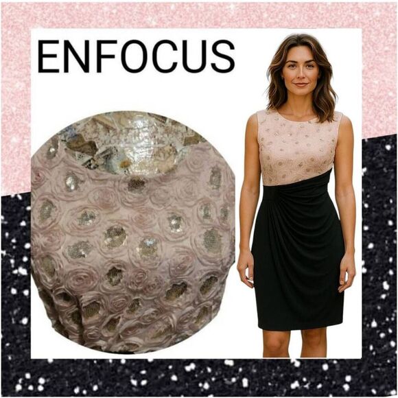 Cocktail Evening Blush Rosettes & Sequins Black Gathered Side Stretchy Dress - Picture 1 of 11